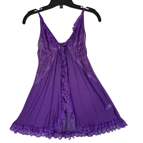 Purple Sheer Babydoll Cami Open Front Lace Trim Fairy Whimsigoth Y2K Lingerie S - Picture 1 of 10